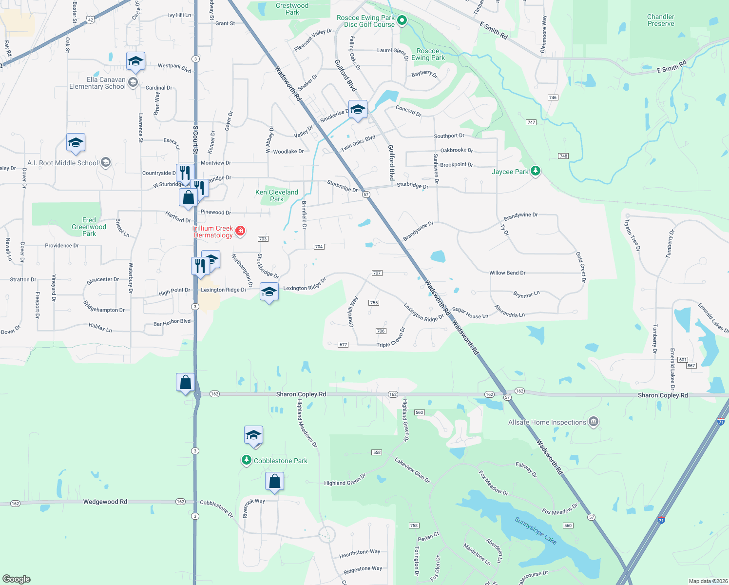 map of restaurants, bars, coffee shops, grocery stores, and more near 5917 Churchill Way in Medina