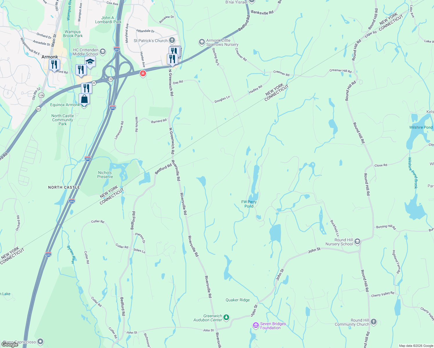 map of restaurants, bars, coffee shops, grocery stores, and more near 43 Sterling Road South in Greenwich