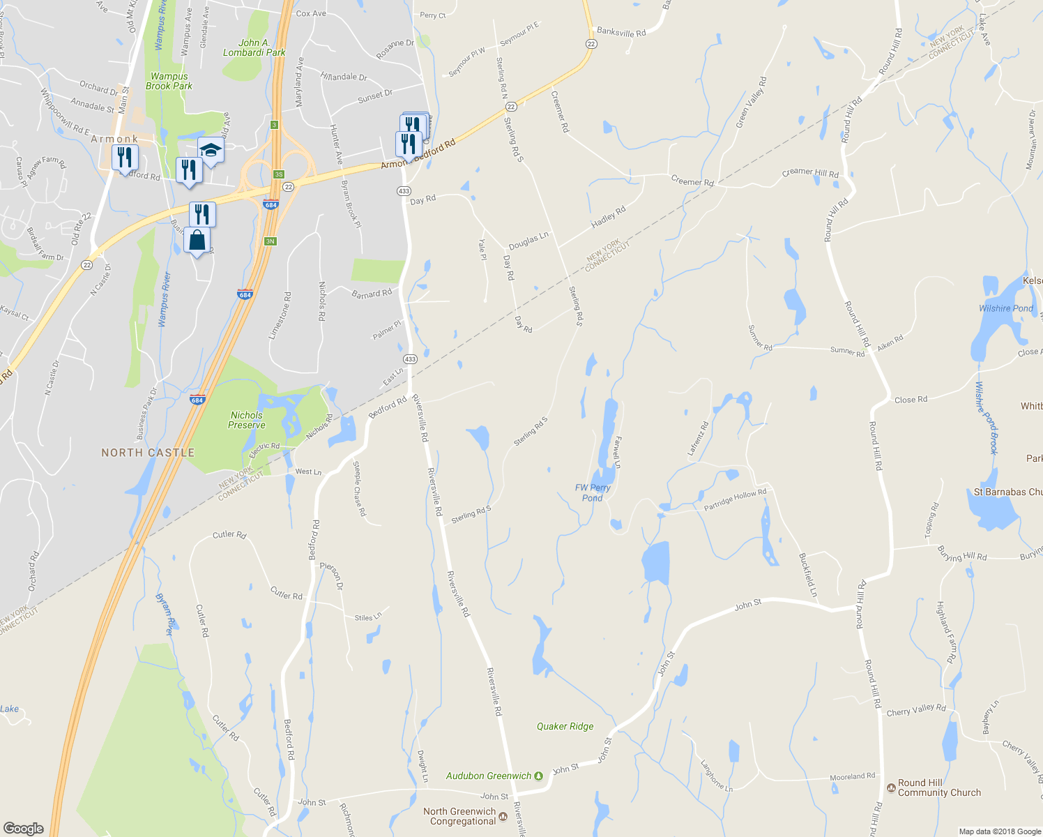 map of restaurants, bars, coffee shops, grocery stores, and more near 43 Sterling Road South in Greenwich
