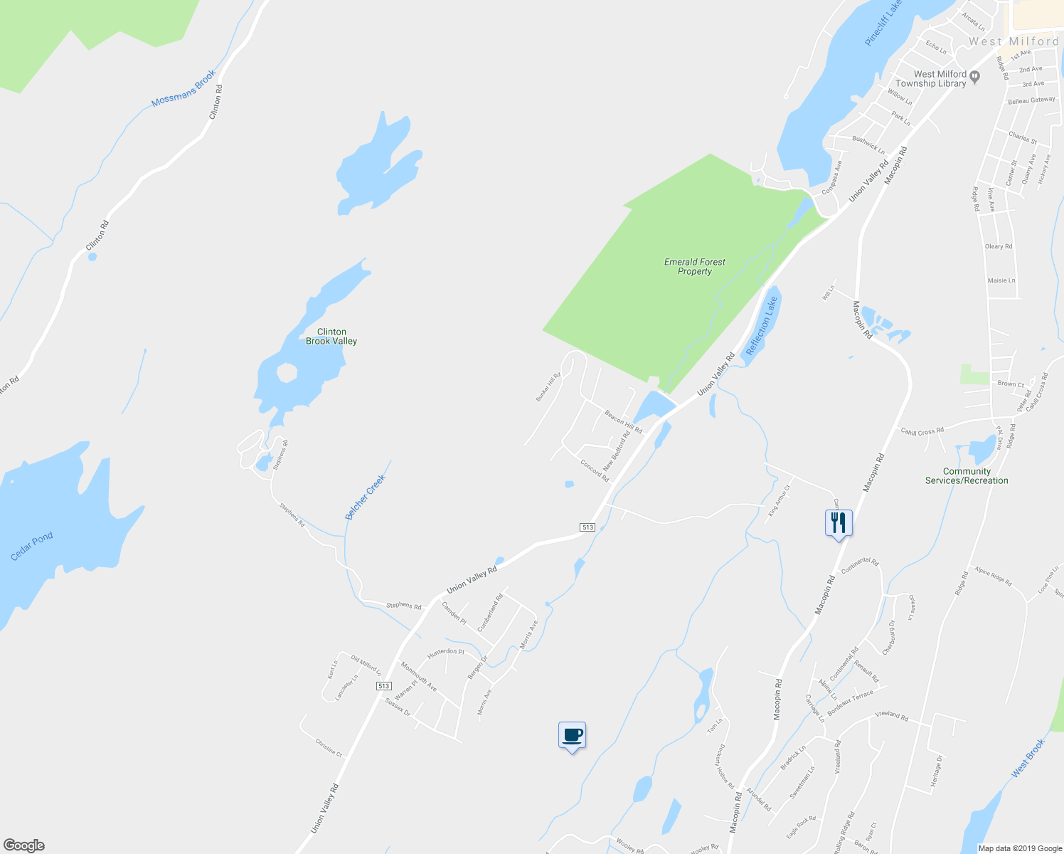 map of restaurants, bars, coffee shops, grocery stores, and more near 54f Beacon Hill Road in West Milford