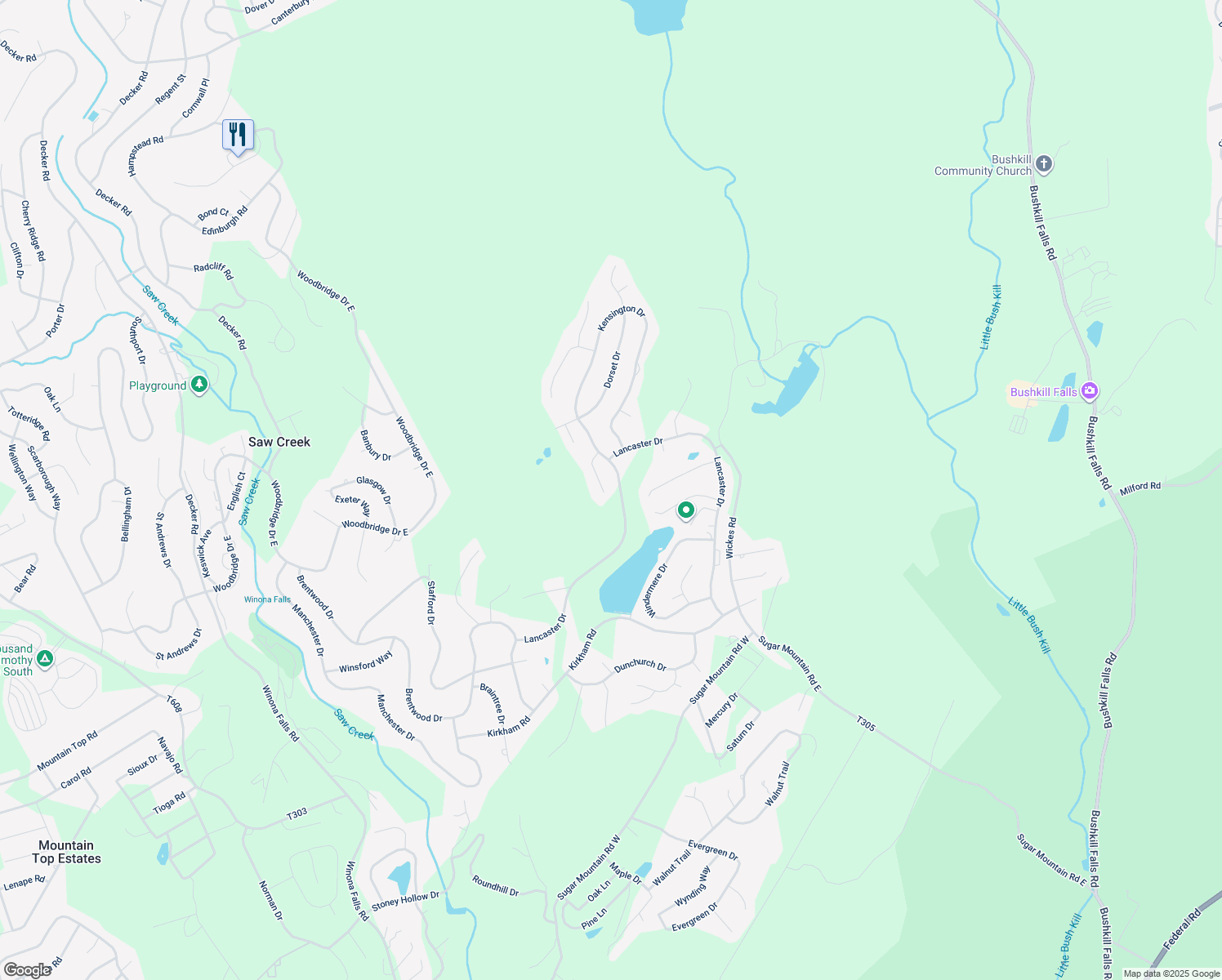map of restaurants, bars, coffee shops, grocery stores, and more near 5123 Oakley Court in Bushkill
