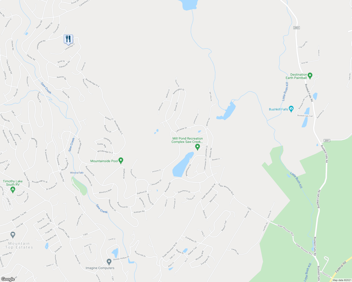 map of restaurants, bars, coffee shops, grocery stores, and more near 5123 Oakley Court in Bushkill