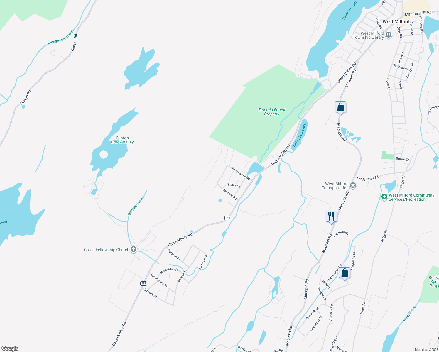 map of restaurants, bars, coffee shops, grocery stores, and more near 30 Concord Road in West Milford