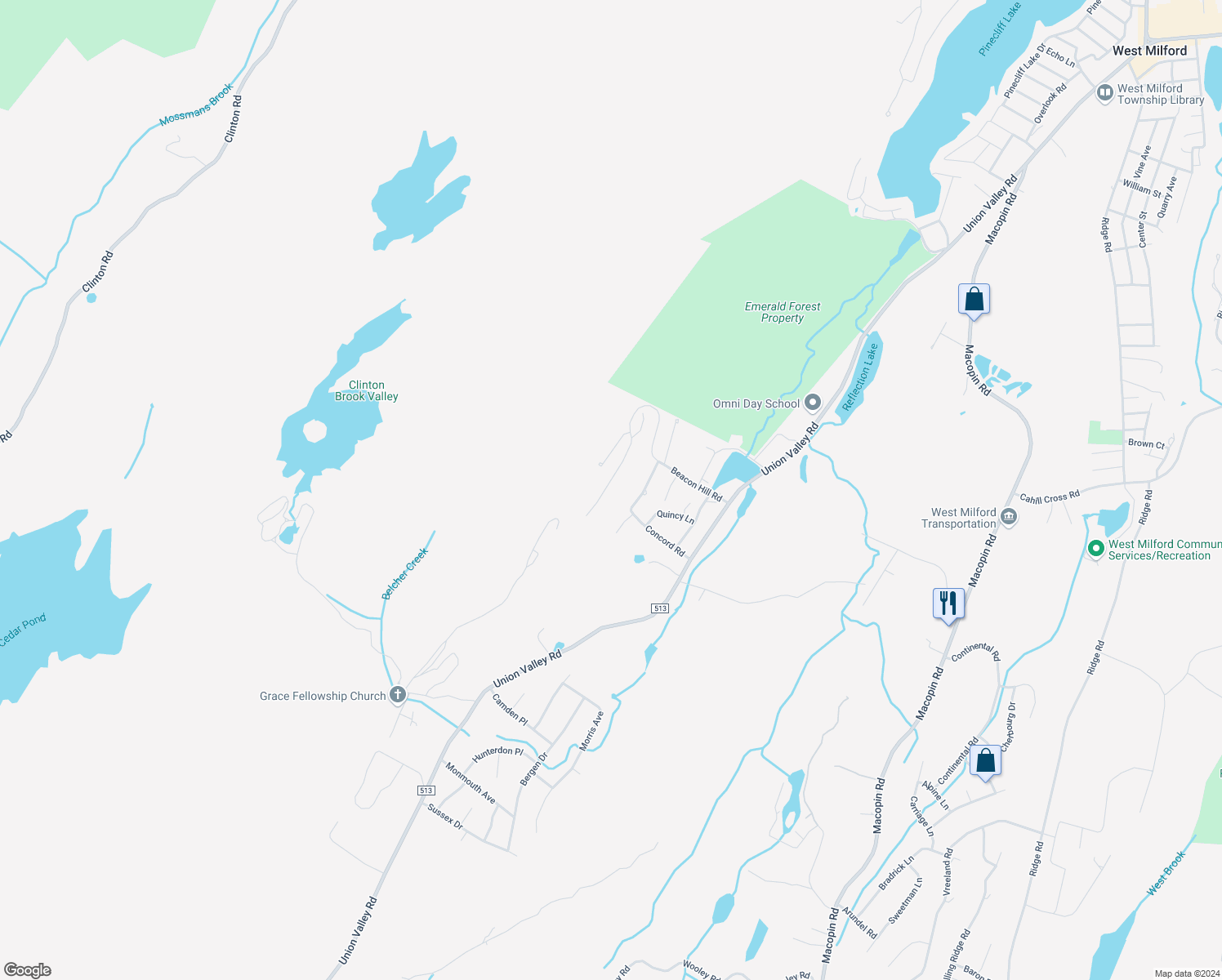 map of restaurants, bars, coffee shops, grocery stores, and more near 51 Beacon Hill Road in West Milford