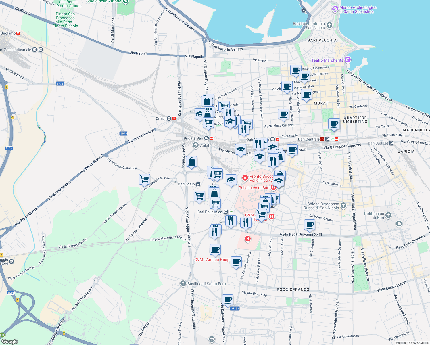 map of restaurants, bars, coffee shops, grocery stores, and more near 36 Via Pietro Colletta in Bari