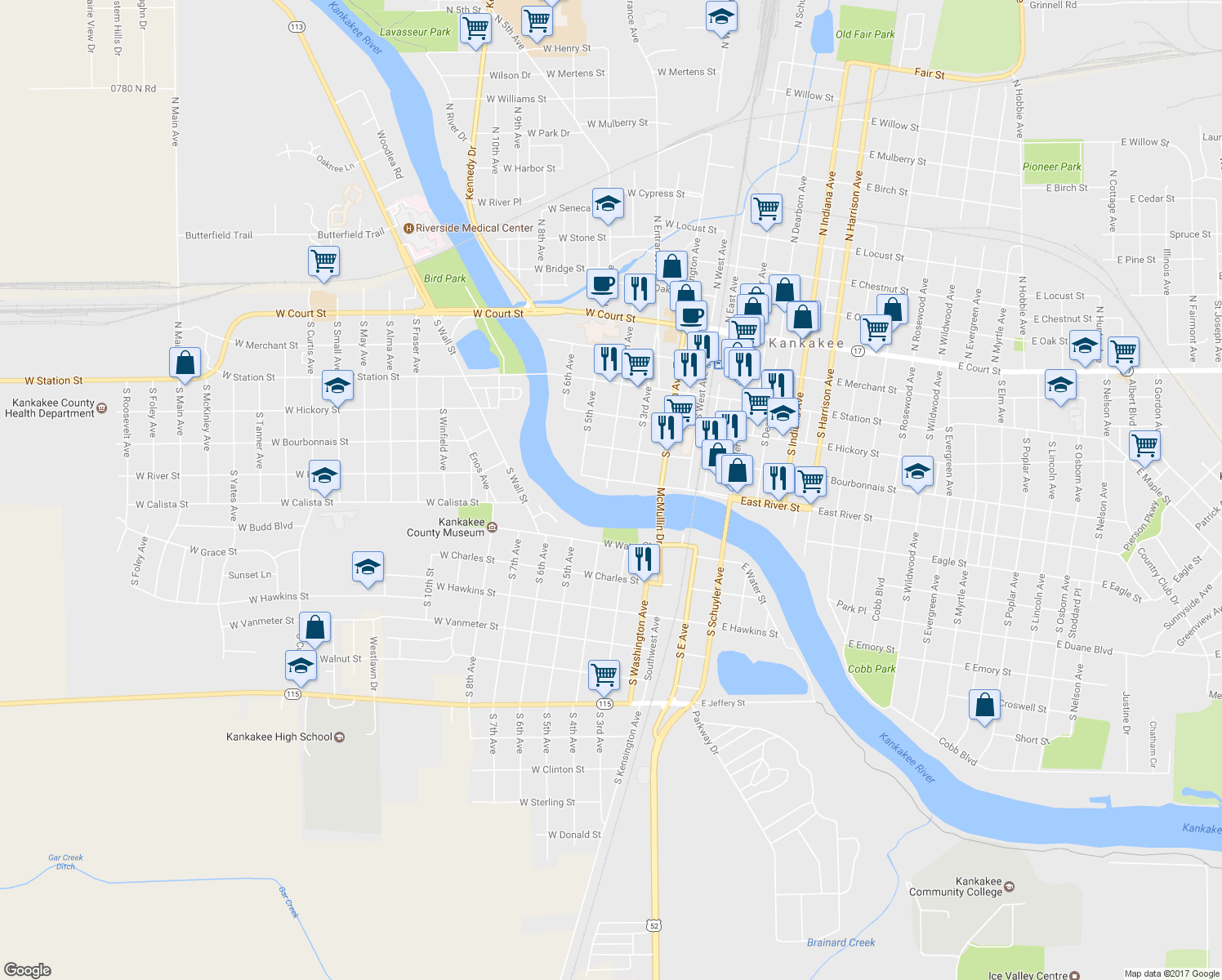 map of restaurants, bars, coffee shops, grocery stores, and more near 614 South 4th Avenue in Kankakee