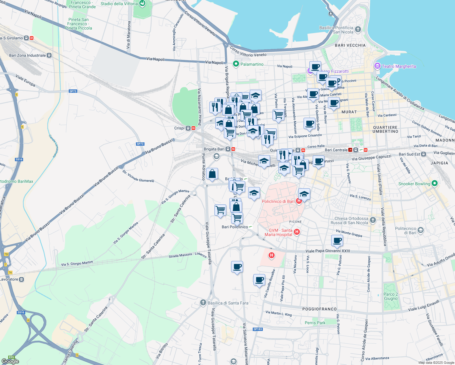 map of restaurants, bars, coffee shops, grocery stores, and more near 35 Viale Louis Pasteur. in Bari
