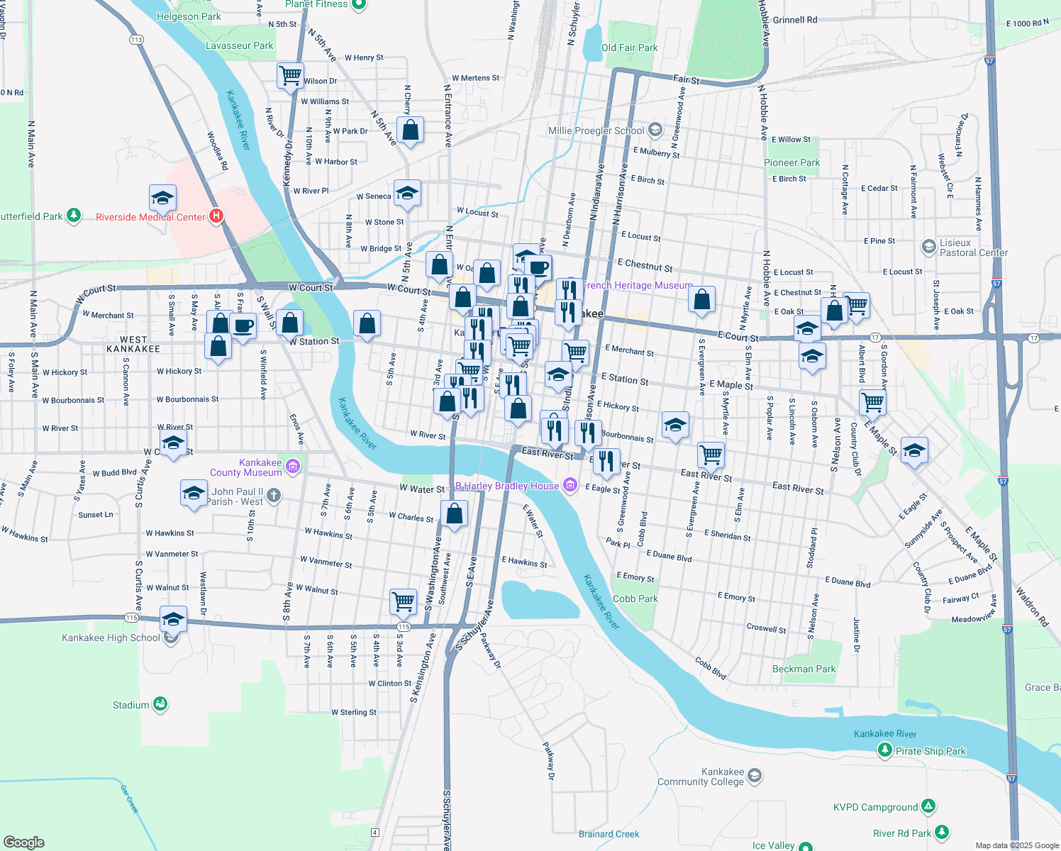 map of restaurants, bars, coffee shops, grocery stores, and more near 264 East Bourbonnais Street in Kankakee