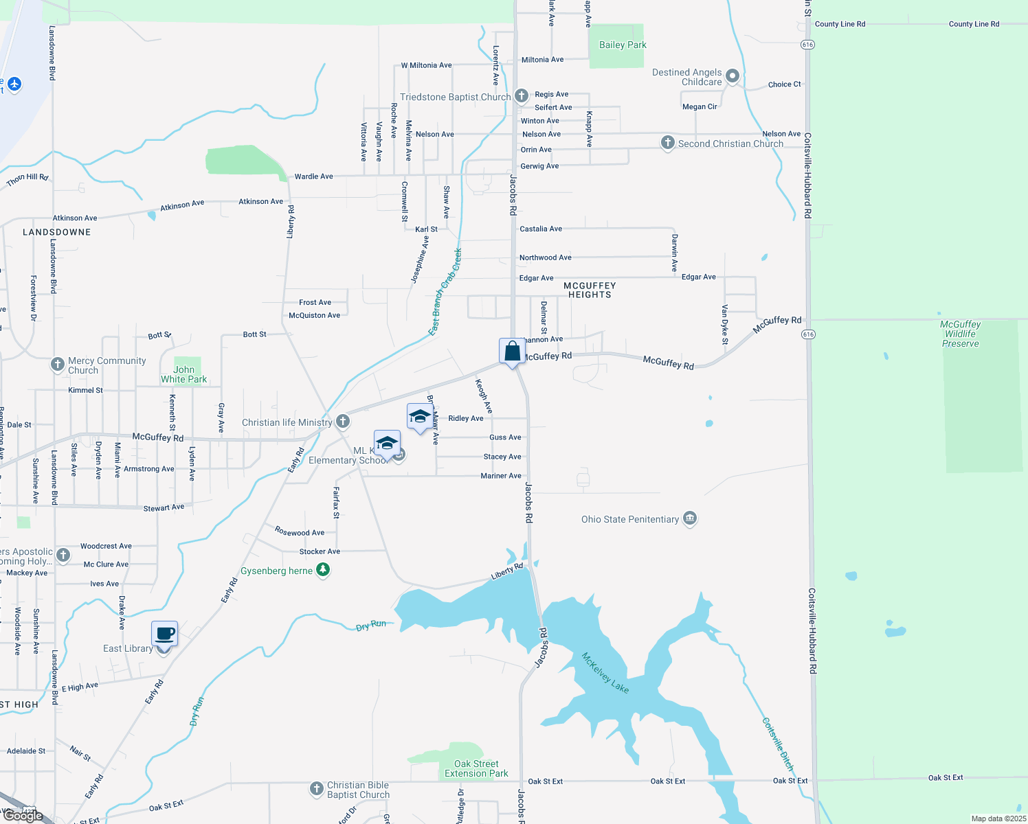 map of restaurants, bars, coffee shops, grocery stores, and more near 2936 Ridley Ave in Youngstown