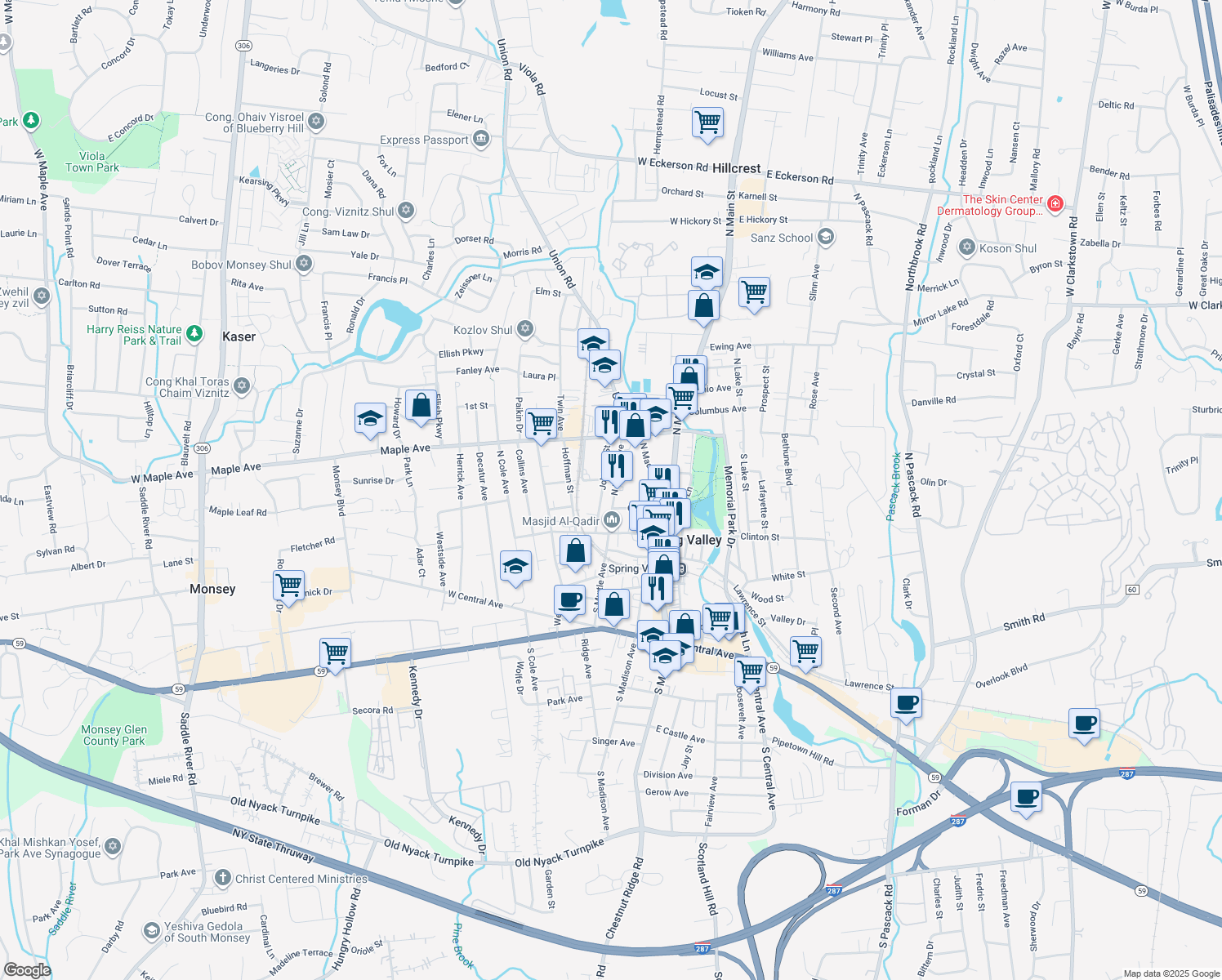 map of restaurants, bars, coffee shops, grocery stores, and more near 25 North Myrtle Avenue in Spring Valley