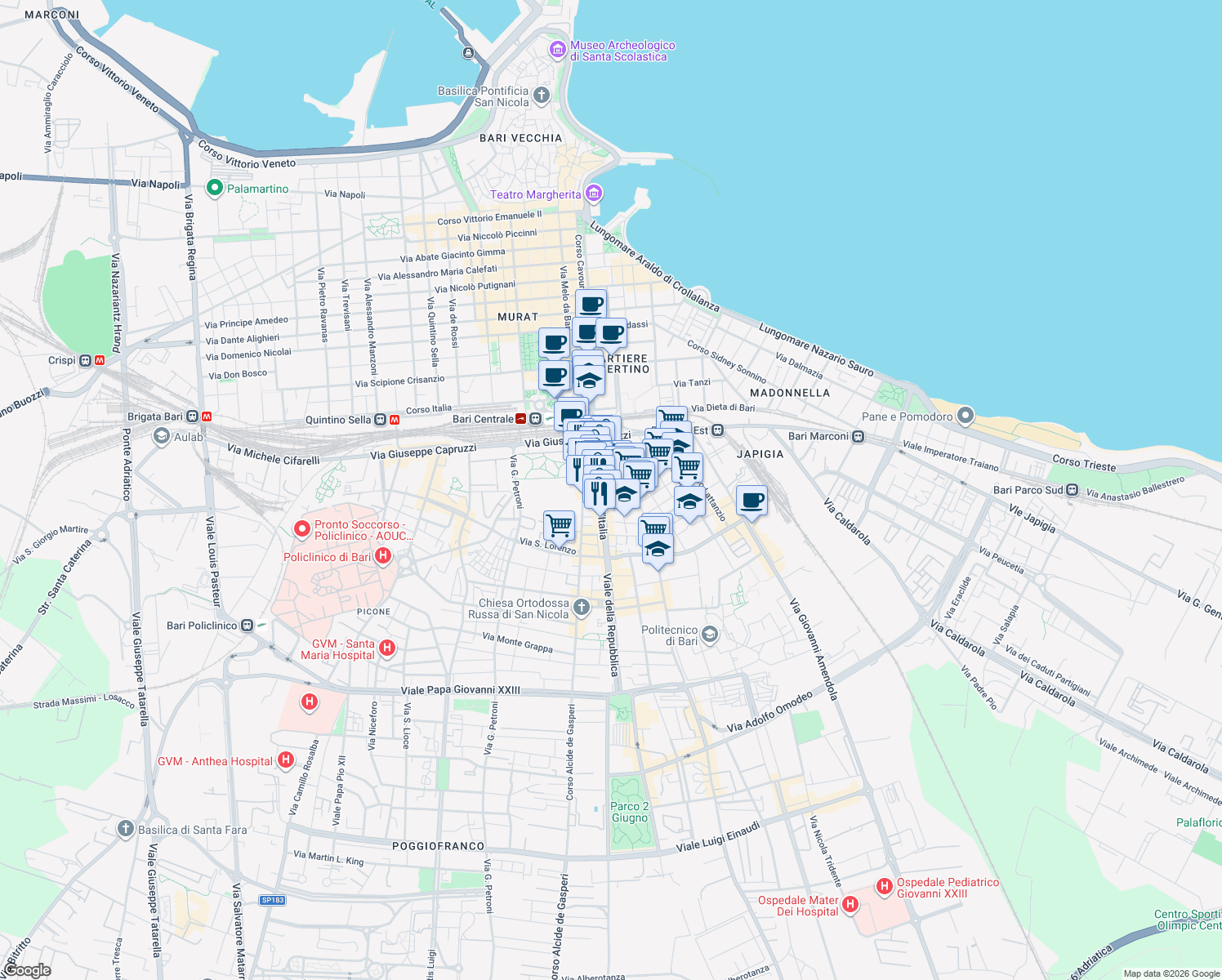 map of restaurants, bars, coffee shops, grocery stores, and more near 42/44/46 Viale Unità d'Italia in Bari