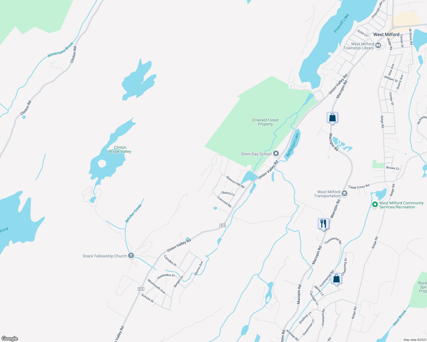 map of restaurants, bars, coffee shops, grocery stores, and more near 48 Beacon Hill Road in West Milford