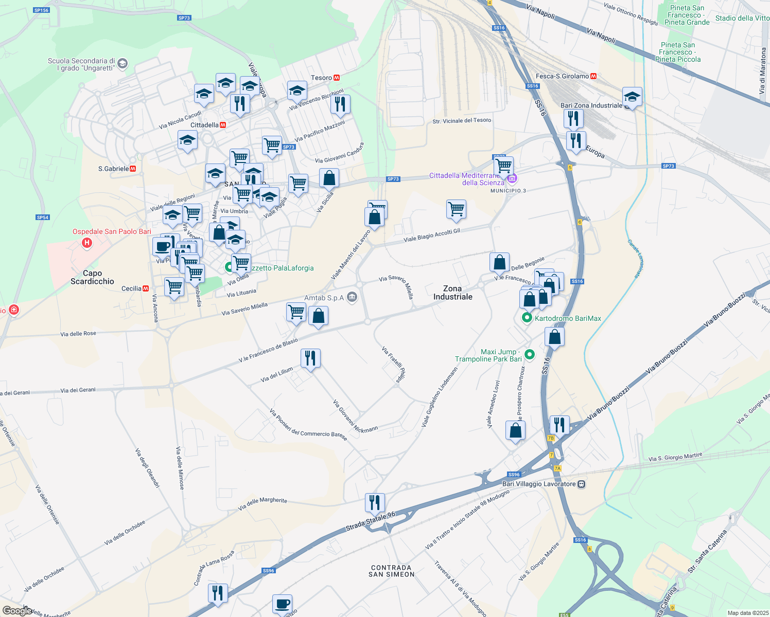 map of restaurants, bars, coffee shops, grocery stores, and more near 22 Viale Francesco de Blasio in Zona Industriale