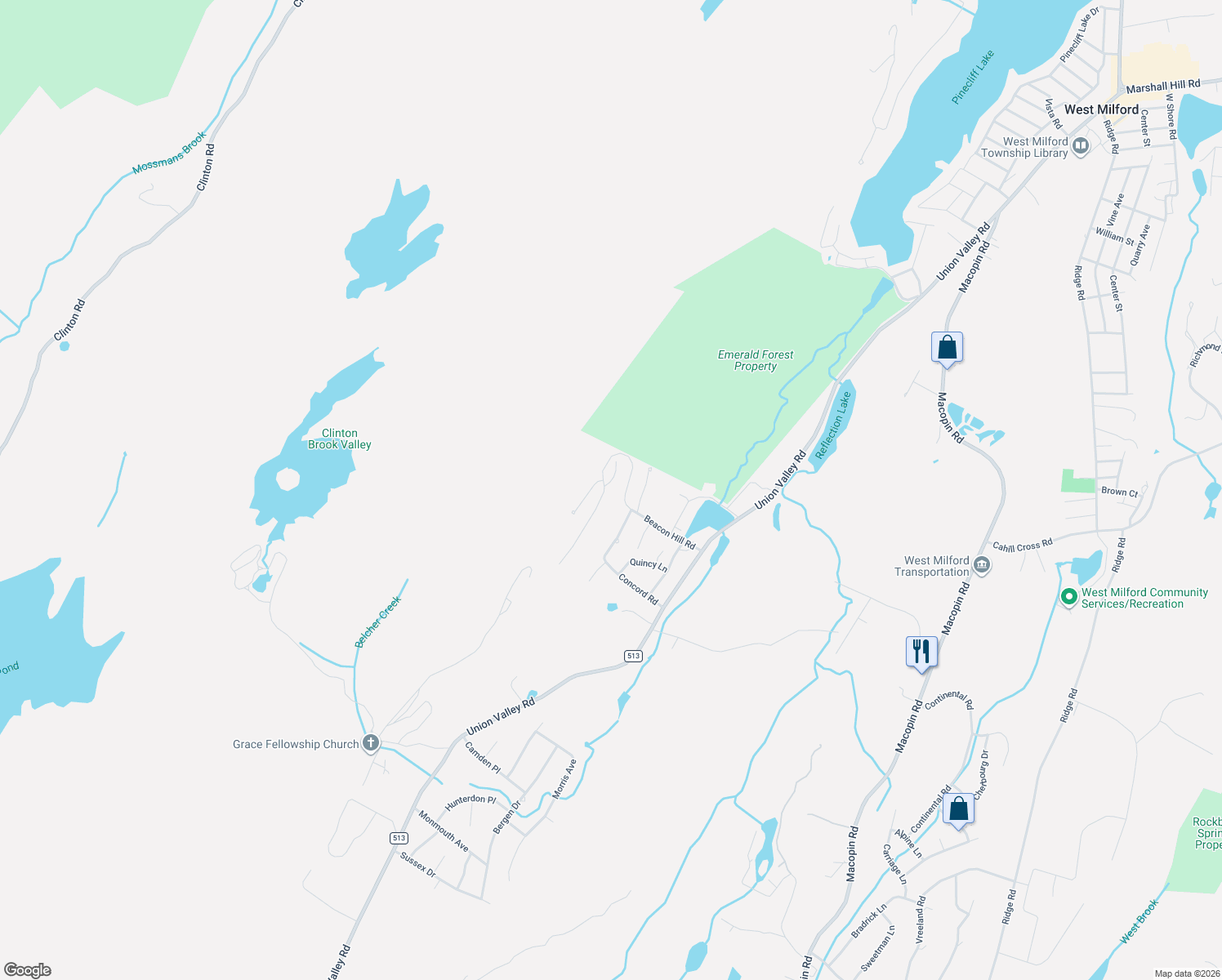 map of restaurants, bars, coffee shops, grocery stores, and more near 48 Beacon Hill Road in West Milford