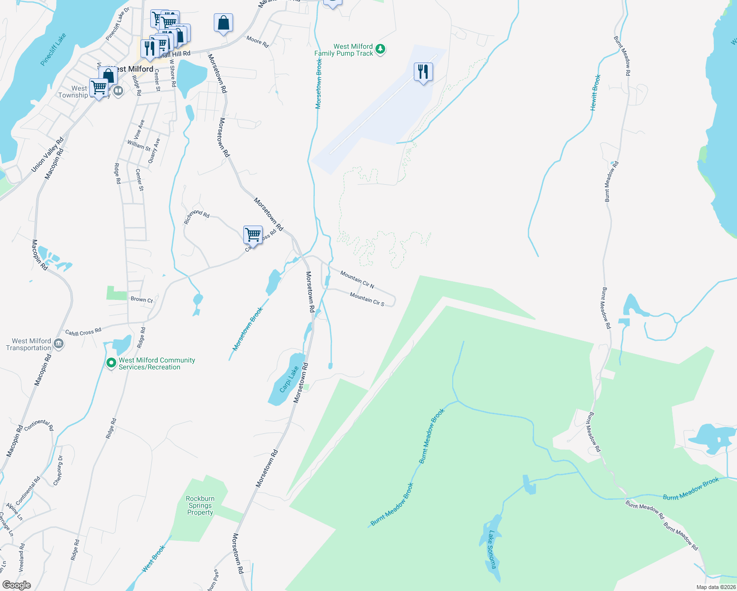 map of restaurants, bars, coffee shops, grocery stores, and more near 132 Mountain Circle South in West Milford