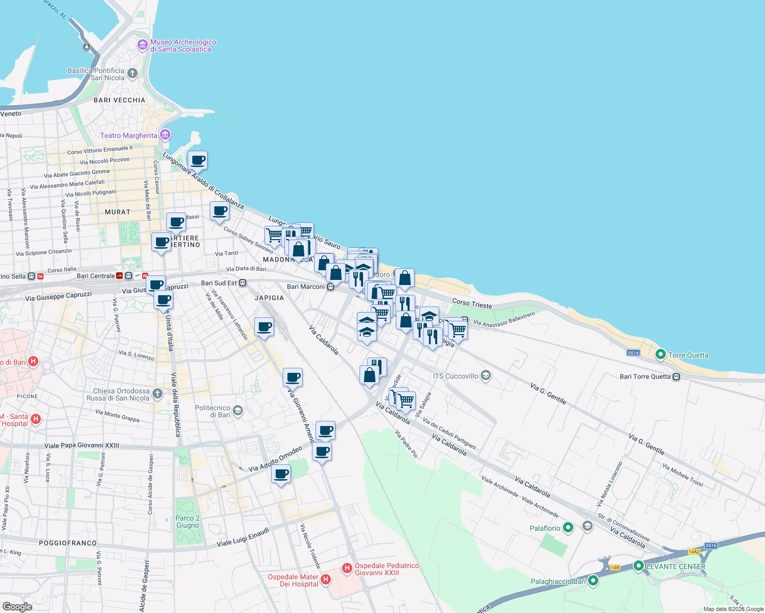map of restaurants, bars, coffee shops, grocery stores, and more near 24 Viale Imperatore Traiano in Bari