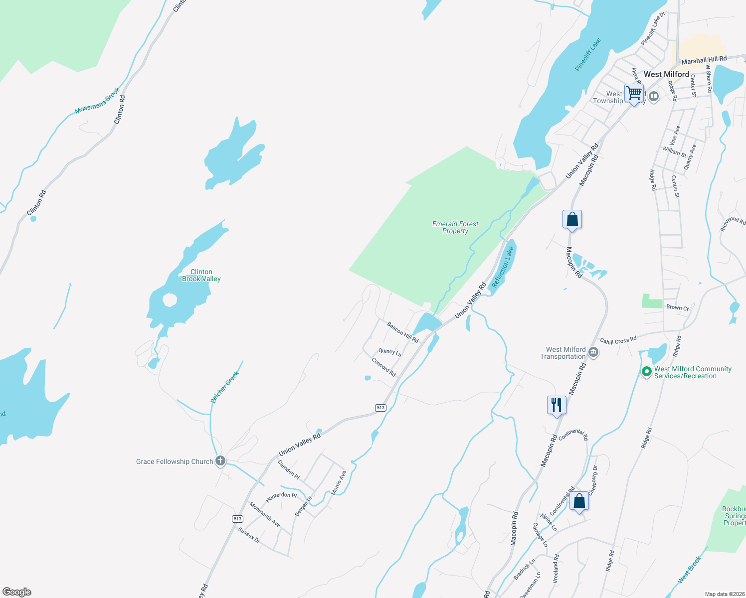 map of restaurants, bars, coffee shops, grocery stores, and more near 46 Manchester Lane in West Milford