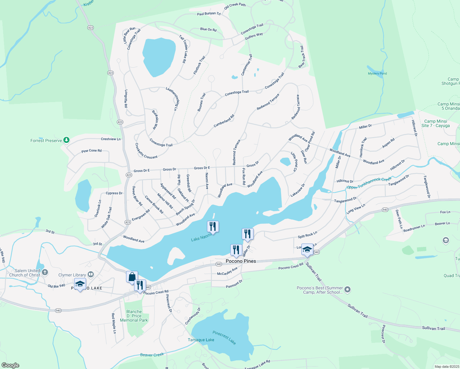 map of restaurants, bars, coffee shops, grocery stores, and more near 5141 Woodland Avenue in Pocono Pines