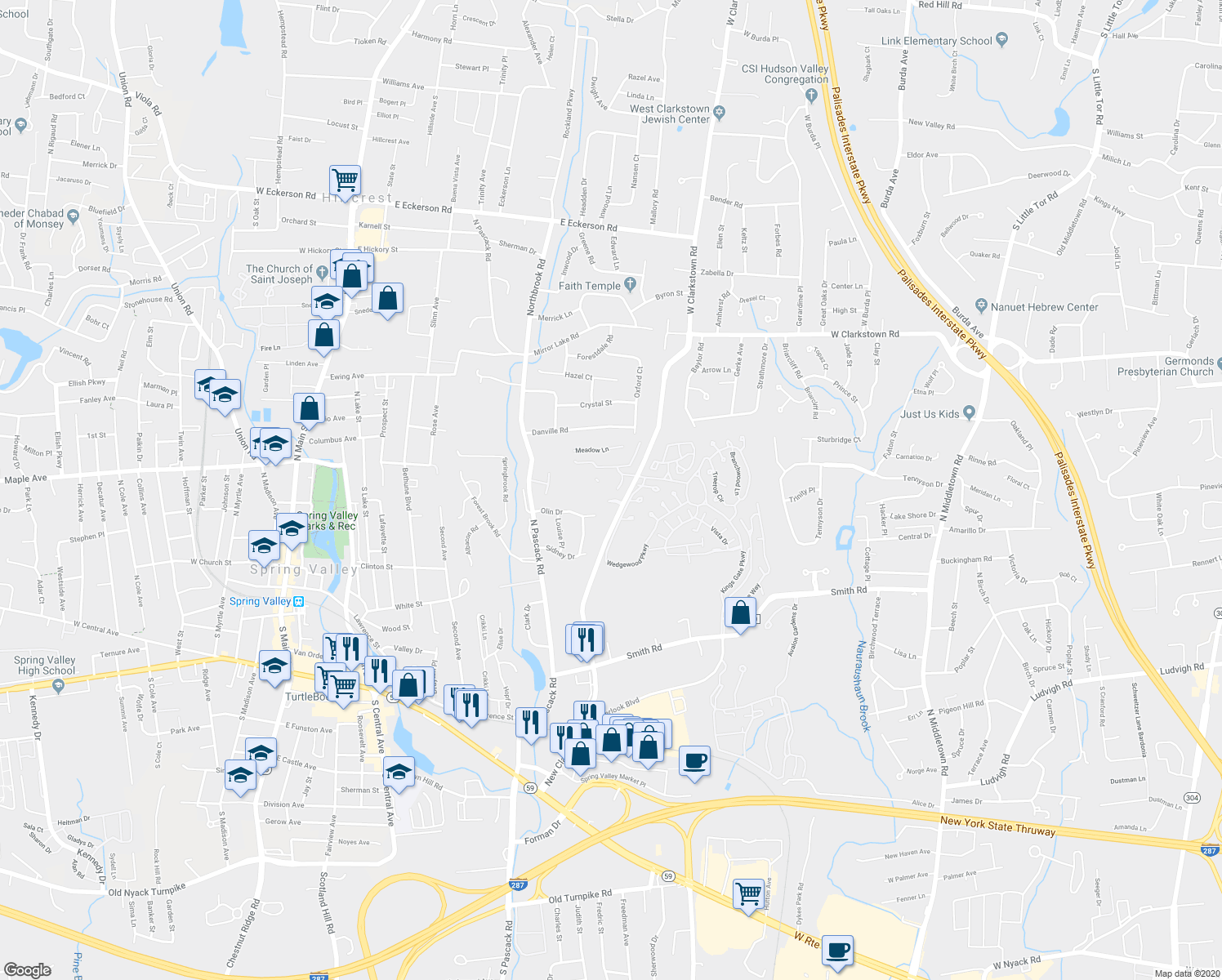map of restaurants, bars, coffee shops, grocery stores, and more near 34 Alexander Court in Nanuet