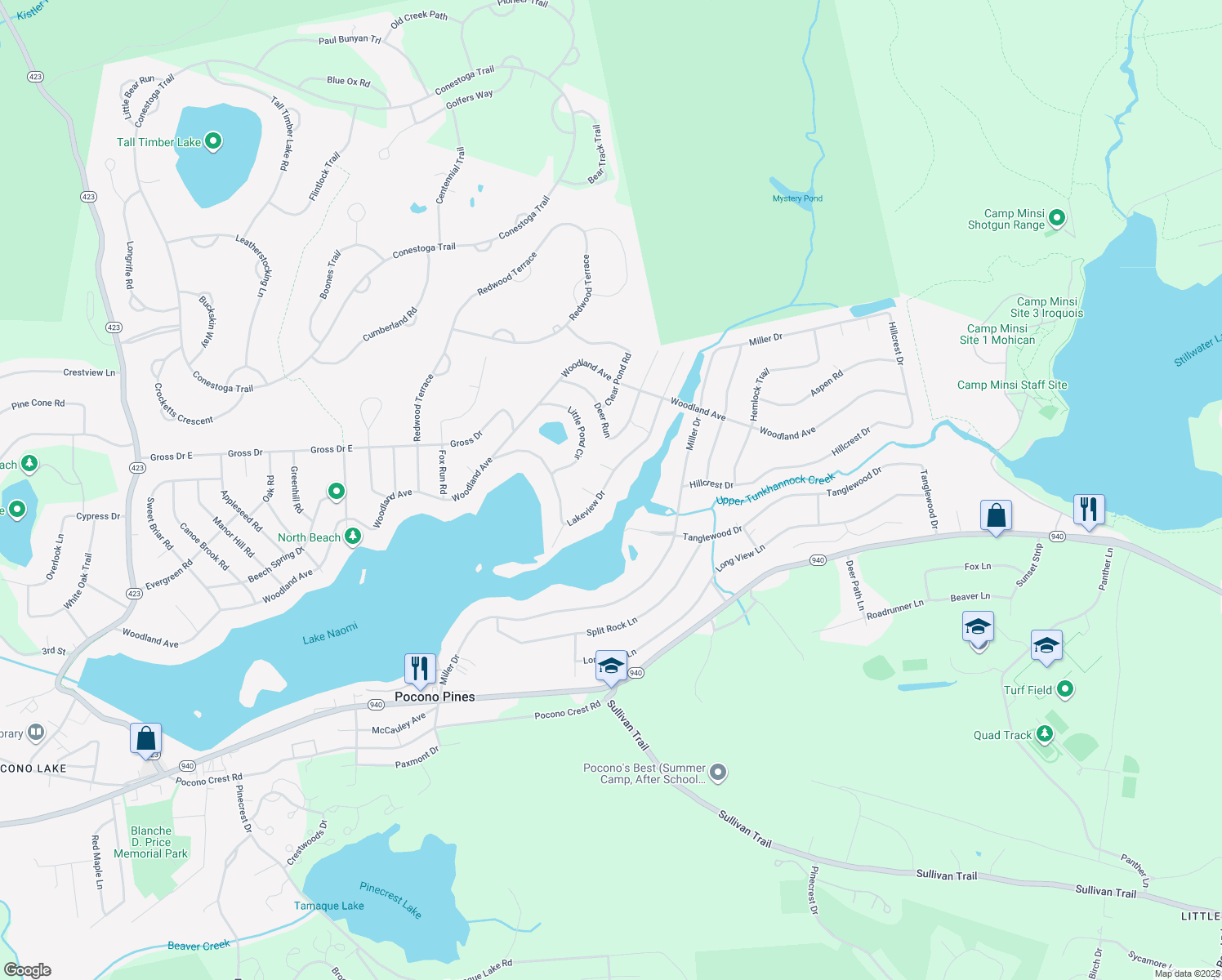 map of restaurants, bars, coffee shops, grocery stores, and more near 54 Lakeview Drive in Albrightsville