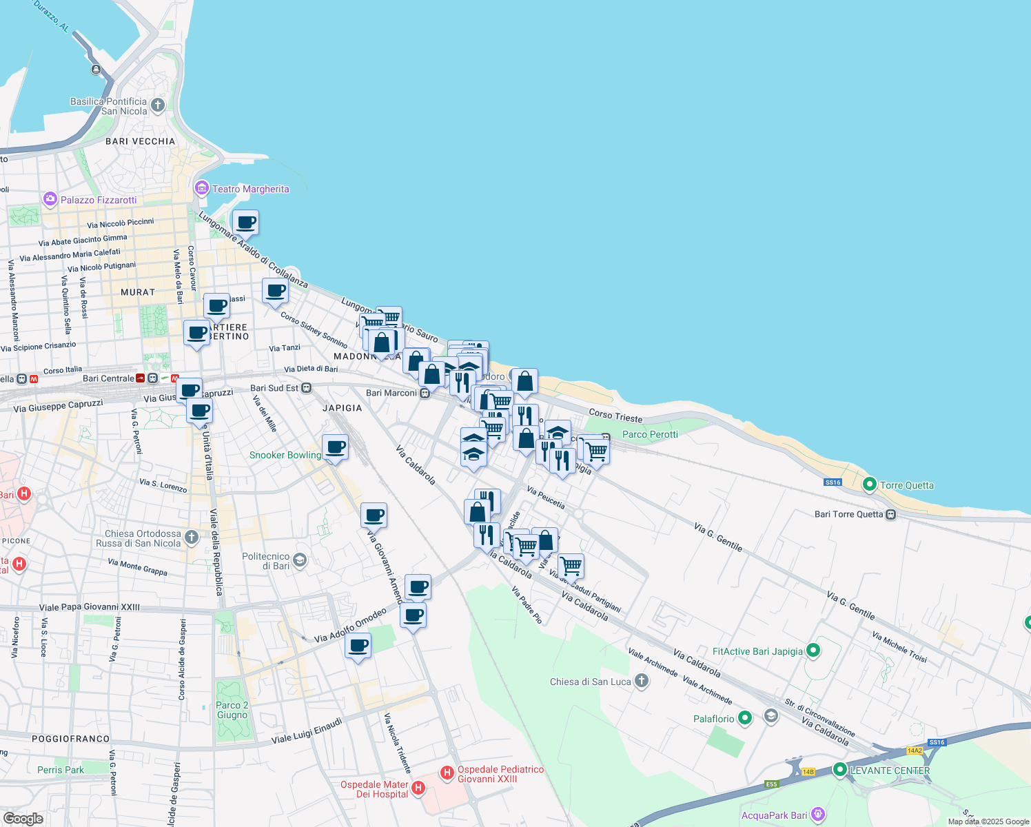 map of restaurants, bars, coffee shops, grocery stores, and more near Scala in Bari