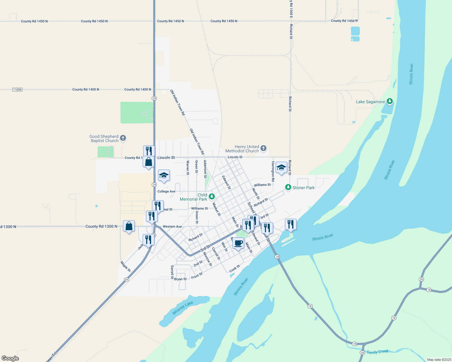 map of restaurants, bars, coffee shops, grocery stores, and more near 1008 Edward Street in Henry
