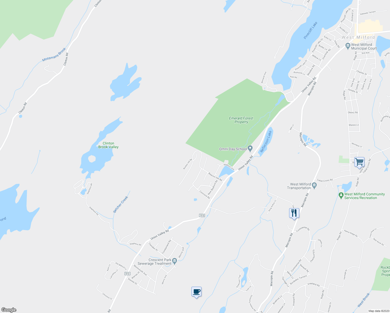 map of restaurants, bars, coffee shops, grocery stores, and more near 45 Manchester Lane in West Milford