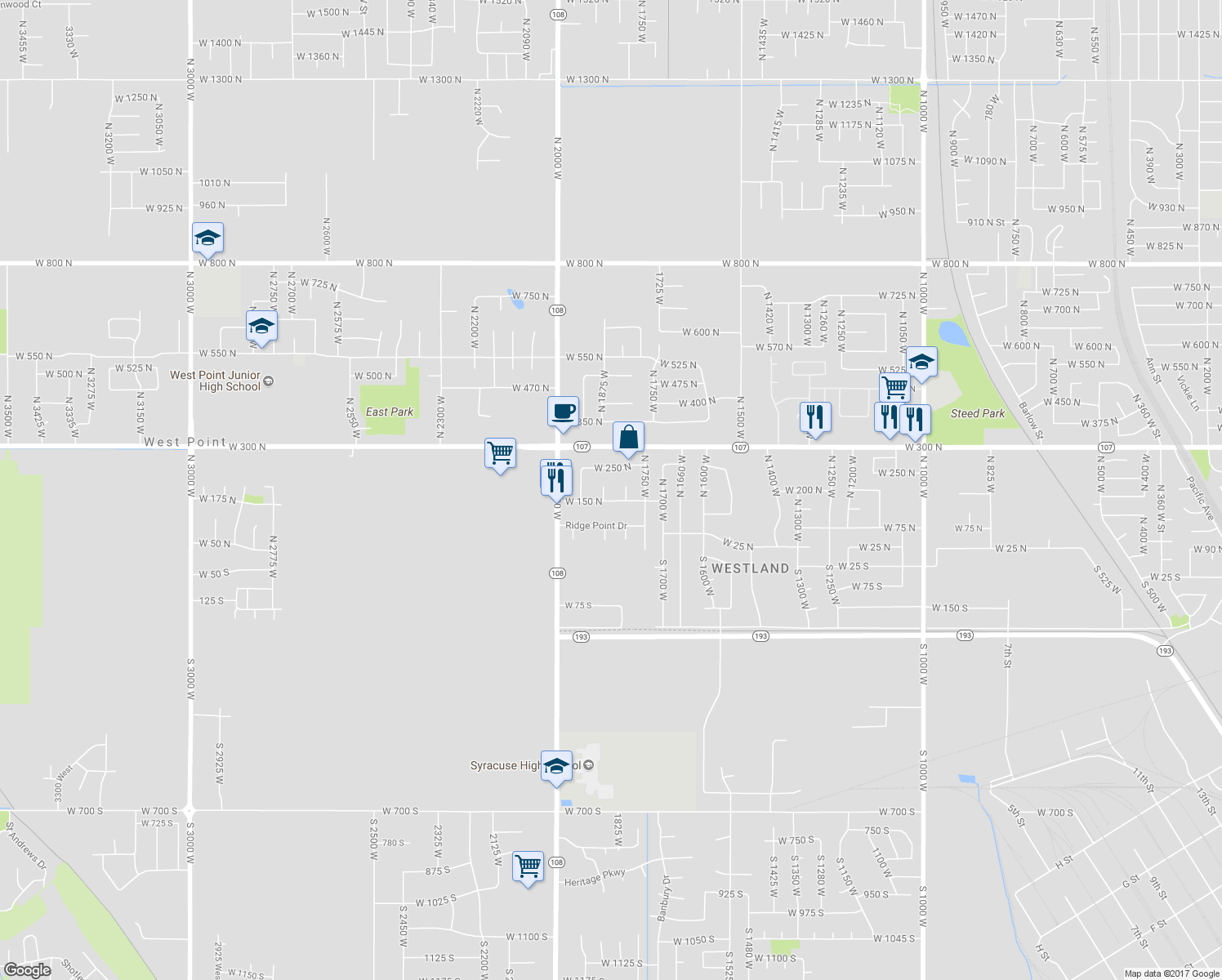 map of restaurants, bars, coffee shops, grocery stores, and more near 178 N 1850 W in West Point