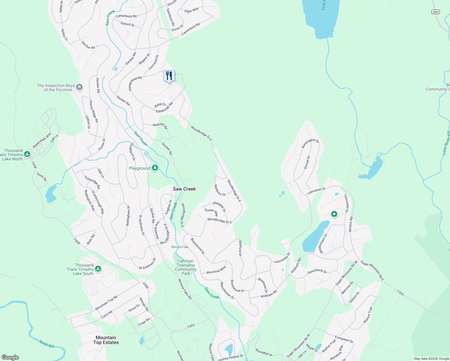 map of restaurants, bars, coffee shops, grocery stores, and more near Woodbridge Drive East in Pike County