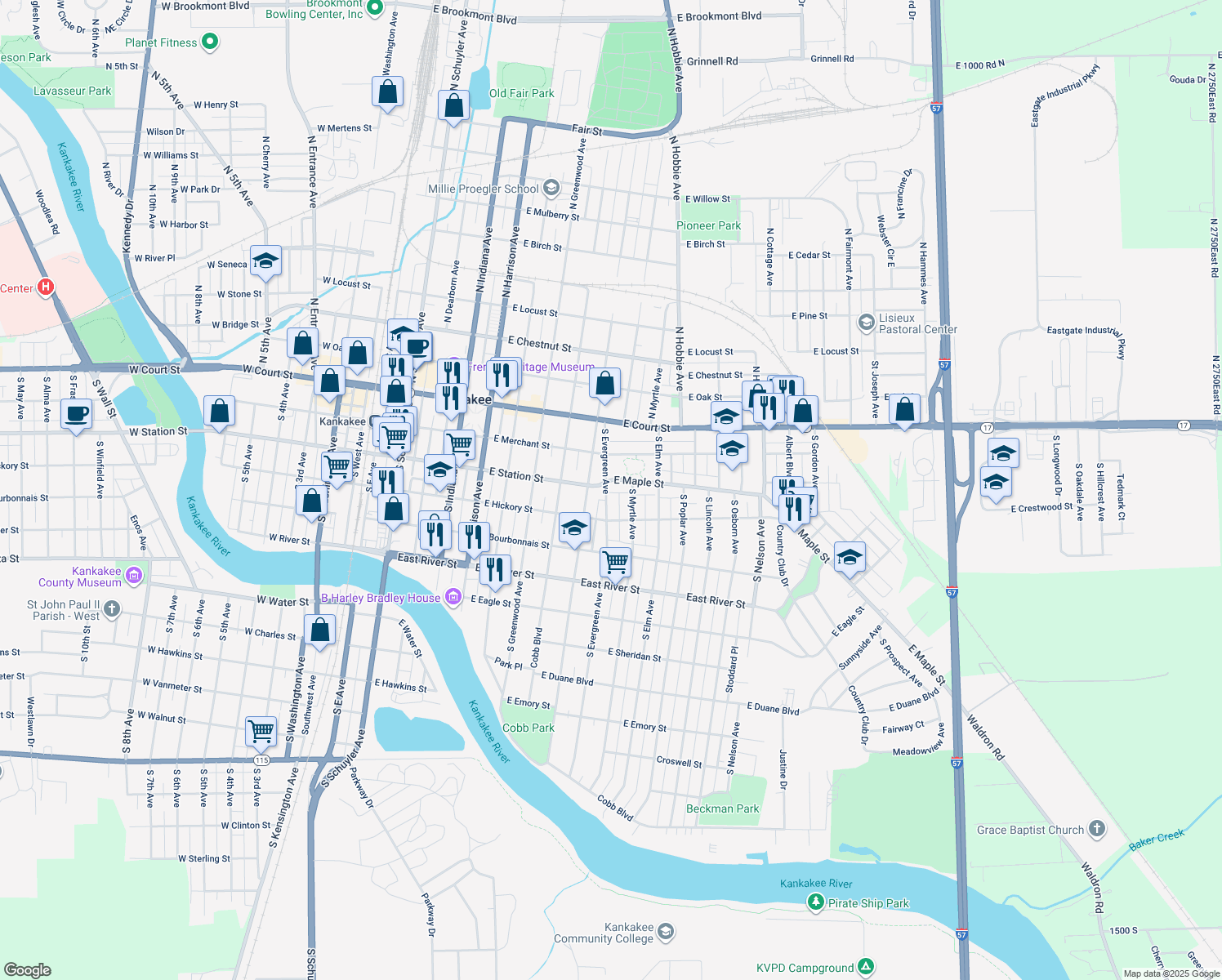 map of restaurants, bars, coffee shops, grocery stores, and more near 312-314 South Evergreen Avenue in Kankakee