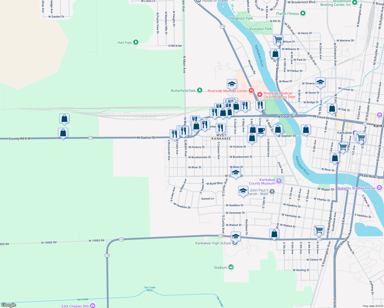 map of restaurants, bars, coffee shops, grocery stores, and more near 471 South Mckinley Avenue in Kankakee
