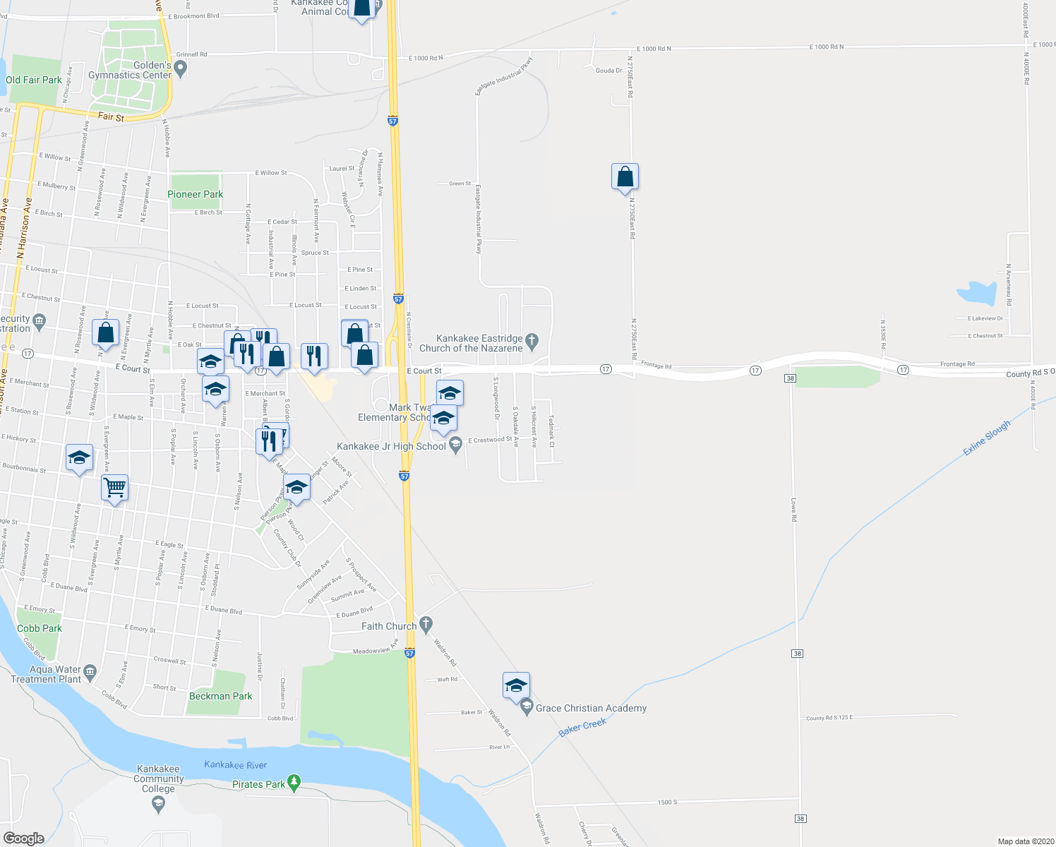 map of restaurants, bars, coffee shops, grocery stores, and more near 267 South Hillcrest Avenue in Kankakee