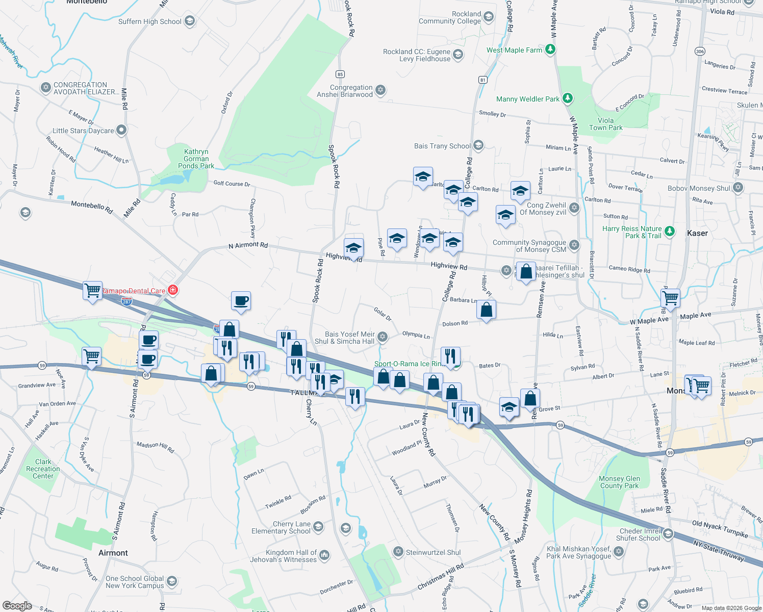 map of restaurants, bars, coffee shops, grocery stores, and more near 11 Golar Drive in Monsey