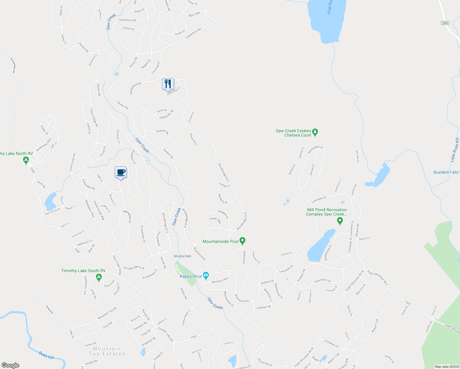 map of restaurants, bars, coffee shops, grocery stores, and more near 1619 Woodbridge Drive East in Bushkill