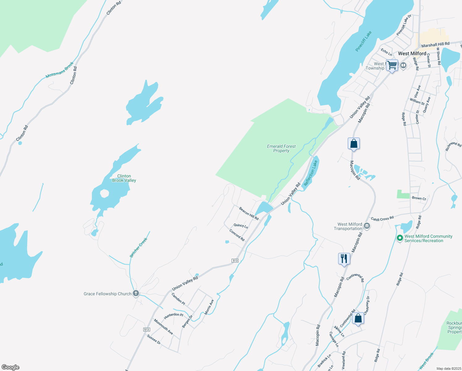 map of restaurants, bars, coffee shops, grocery stores, and more near 45 Manchester Lane in West Milford