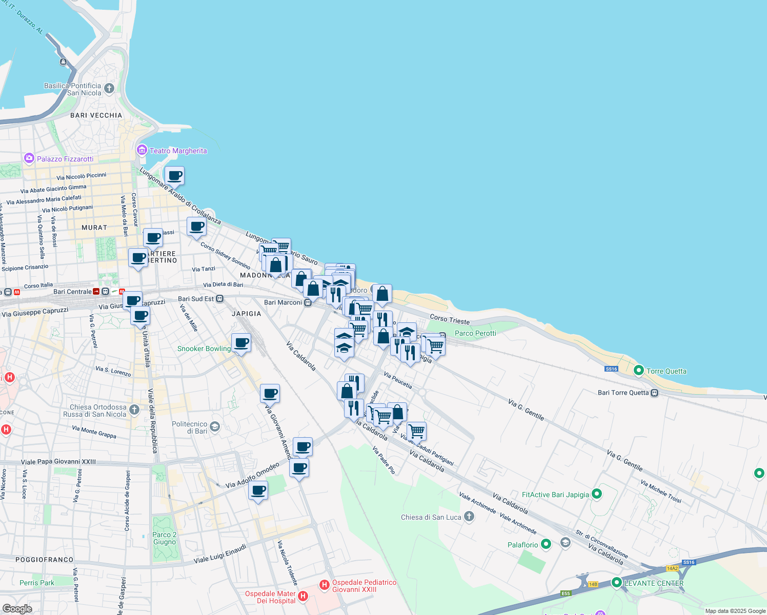 map of restaurants, bars, coffee shops, grocery stores, and more near Scala in Bari