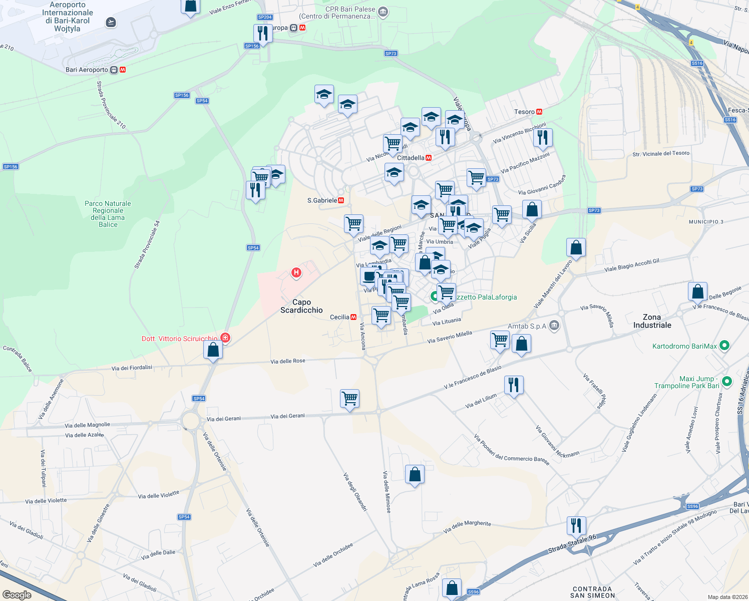 map of restaurants, bars, coffee shops, grocery stores, and more near 90 Via Piemonte in Bari