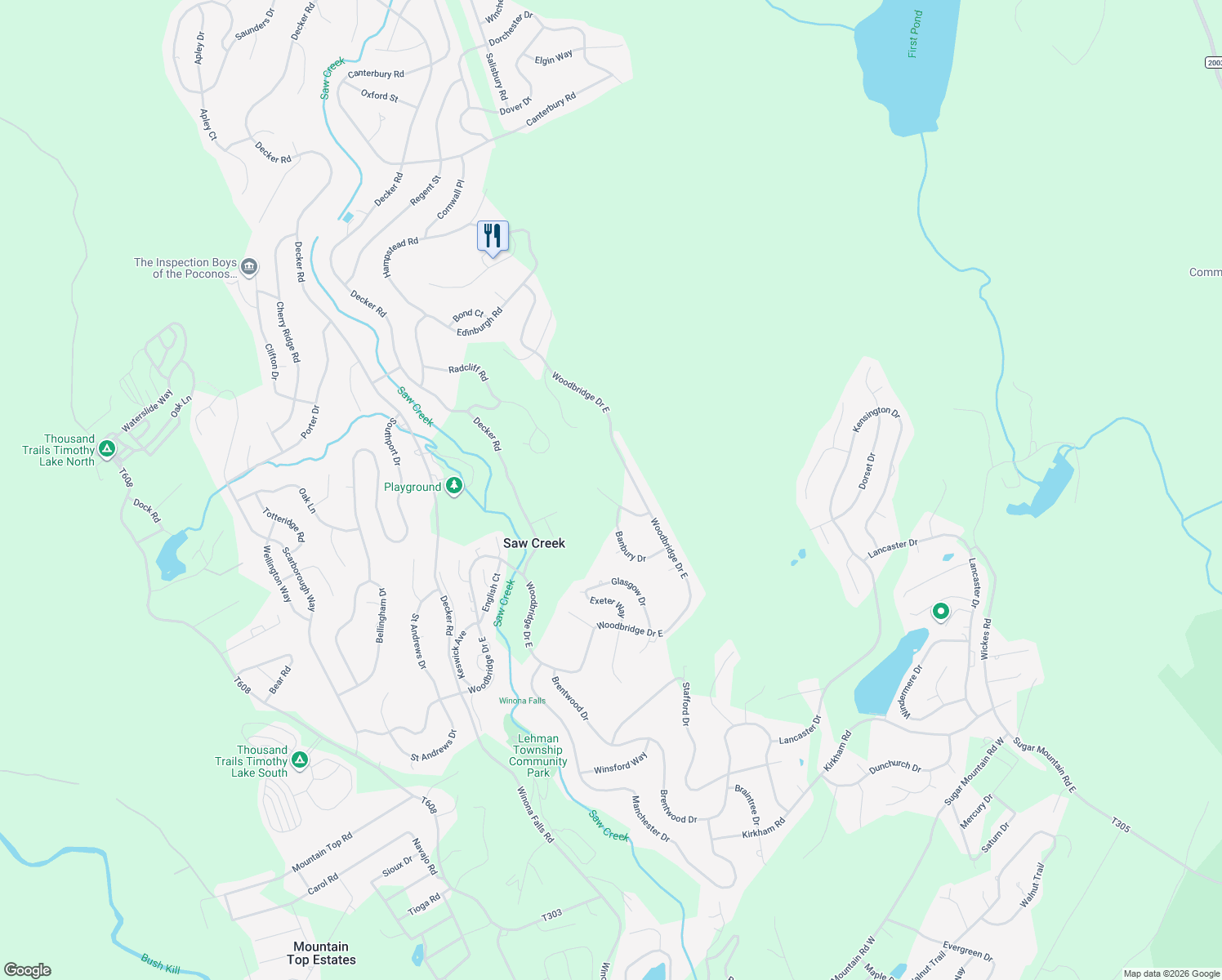 map of restaurants, bars, coffee shops, grocery stores, and more near 257 Saw Creek Estate in Bushkill