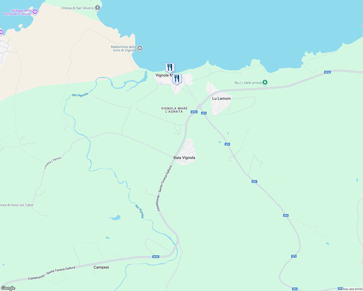 map of restaurants, bars, coffee shops, grocery stores, and more near 152 Via del Corbezzolo in Baia Vignola