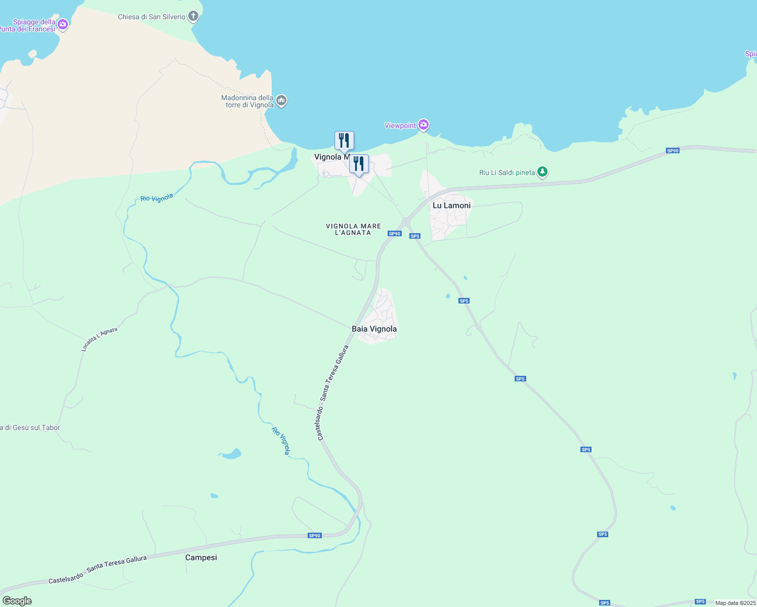 map of restaurants, bars, coffee shops, grocery stores, and more near 152 Via del Corbezzolo in Baia Vignola