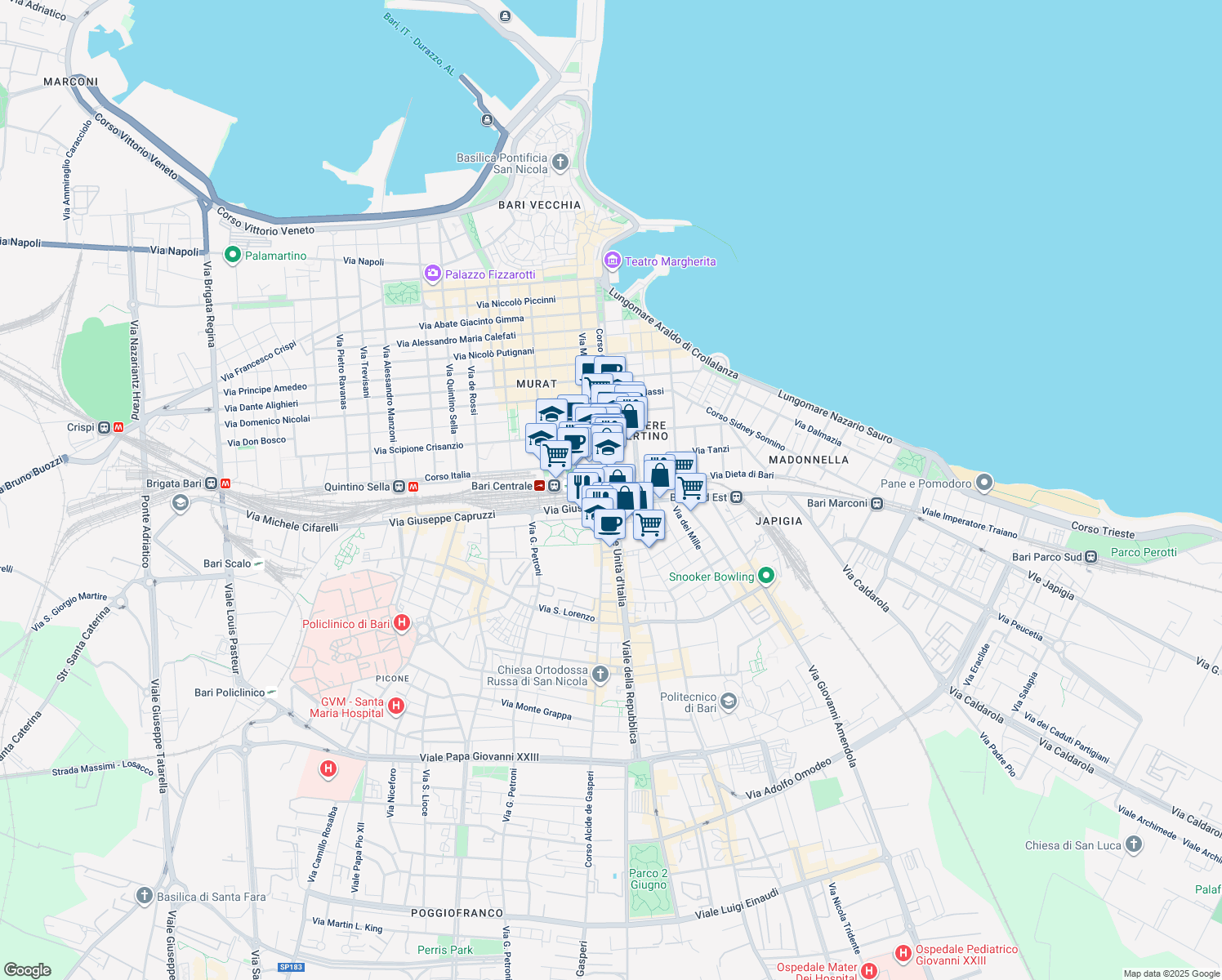 map of restaurants, bars, coffee shops, grocery stores, and more near Corso Cavour in Bari