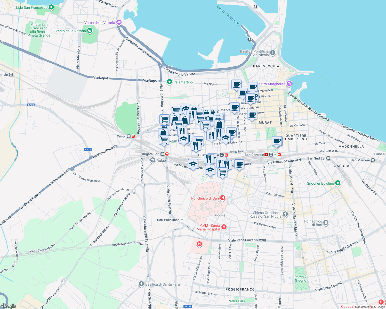 map of restaurants, bars, coffee shops, grocery stores, and more near 165 Corso Italia in Bari