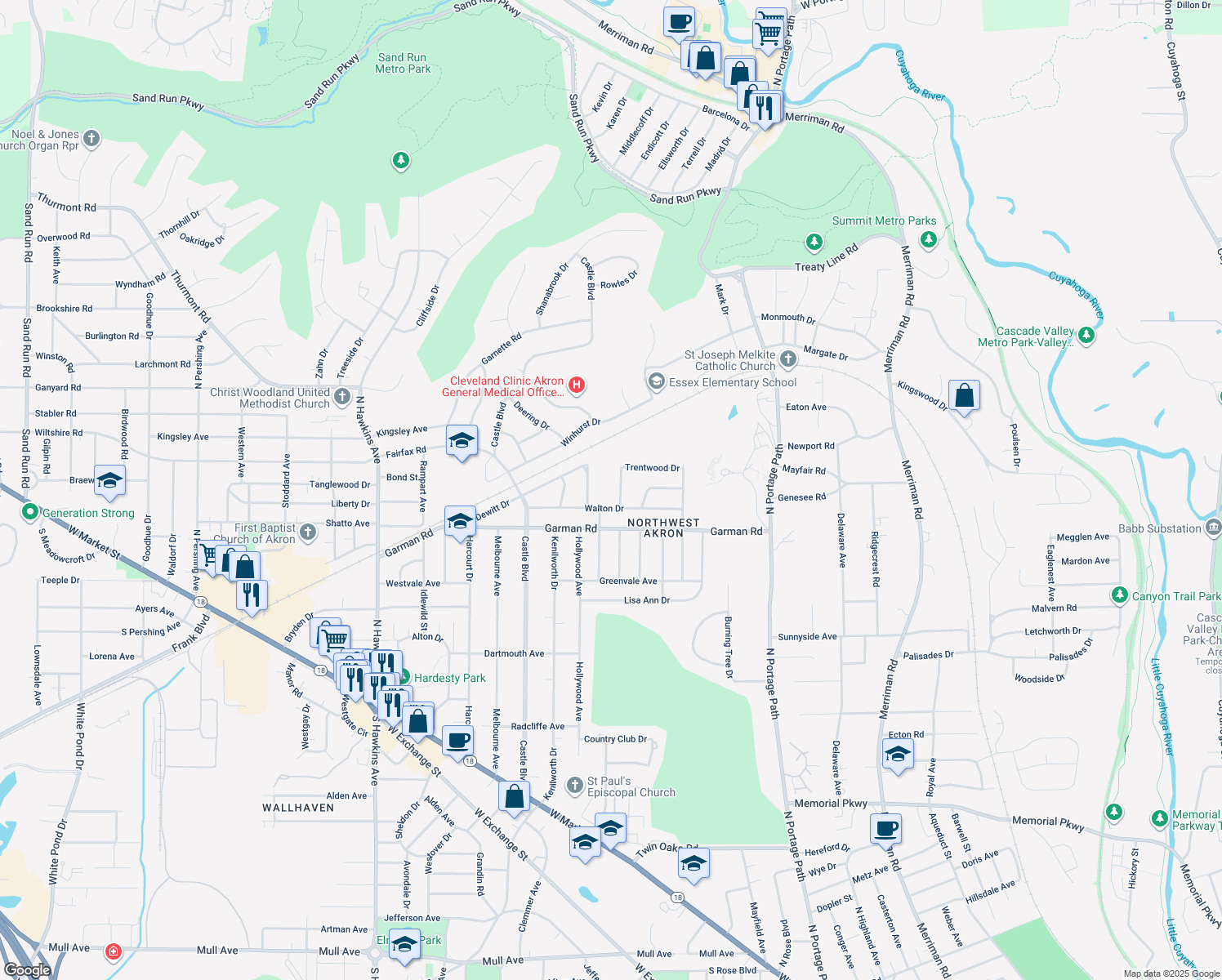 map of restaurants, bars, coffee shops, grocery stores, and more near 540 Auburndale Ave in Akron