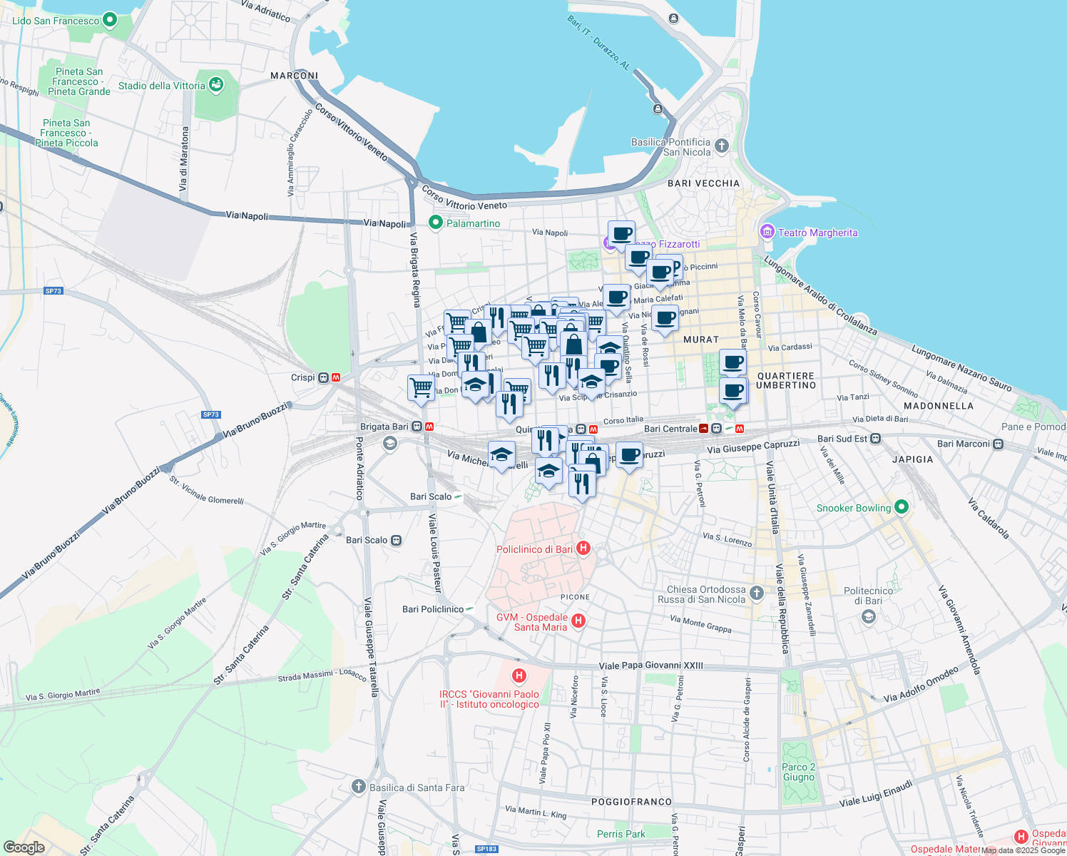 map of restaurants, bars, coffee shops, grocery stores, and more near 107 Corso Italia in Bari