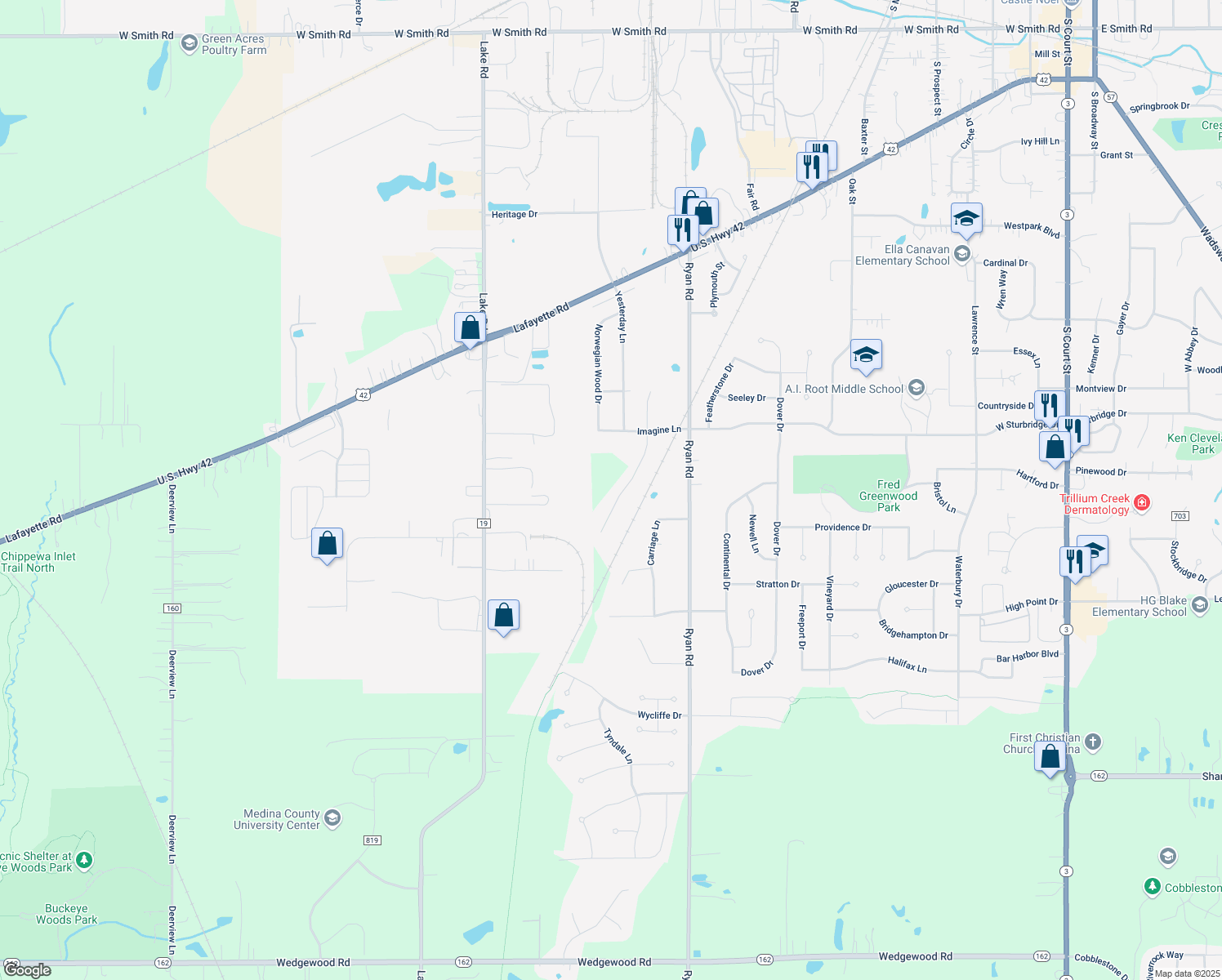 map of restaurants, bars, coffee shops, grocery stores, and more near 5734 Rosemont Way in Medina
