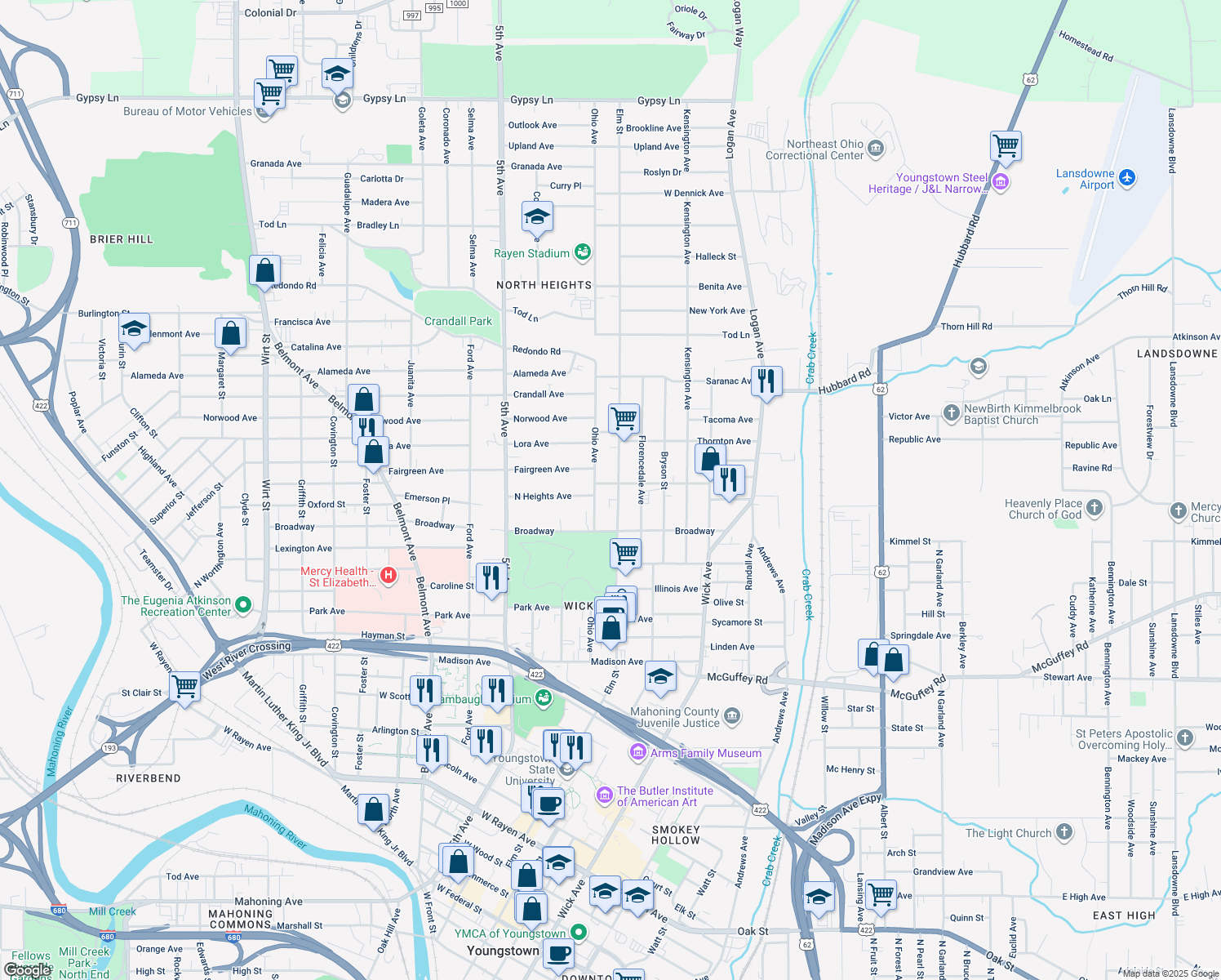 map of restaurants, bars, coffee shops, grocery stores, and more near 1354 Elm Street in Youngstown