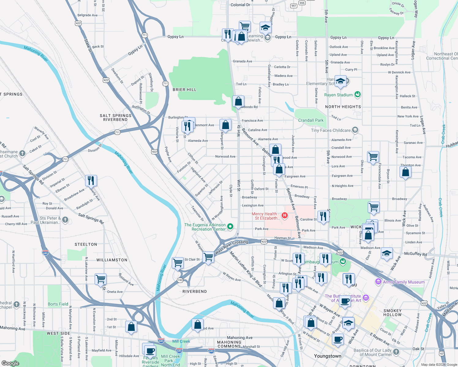map of restaurants, bars, coffee shops, grocery stores, and more near 518 Clyde Street in Youngstown