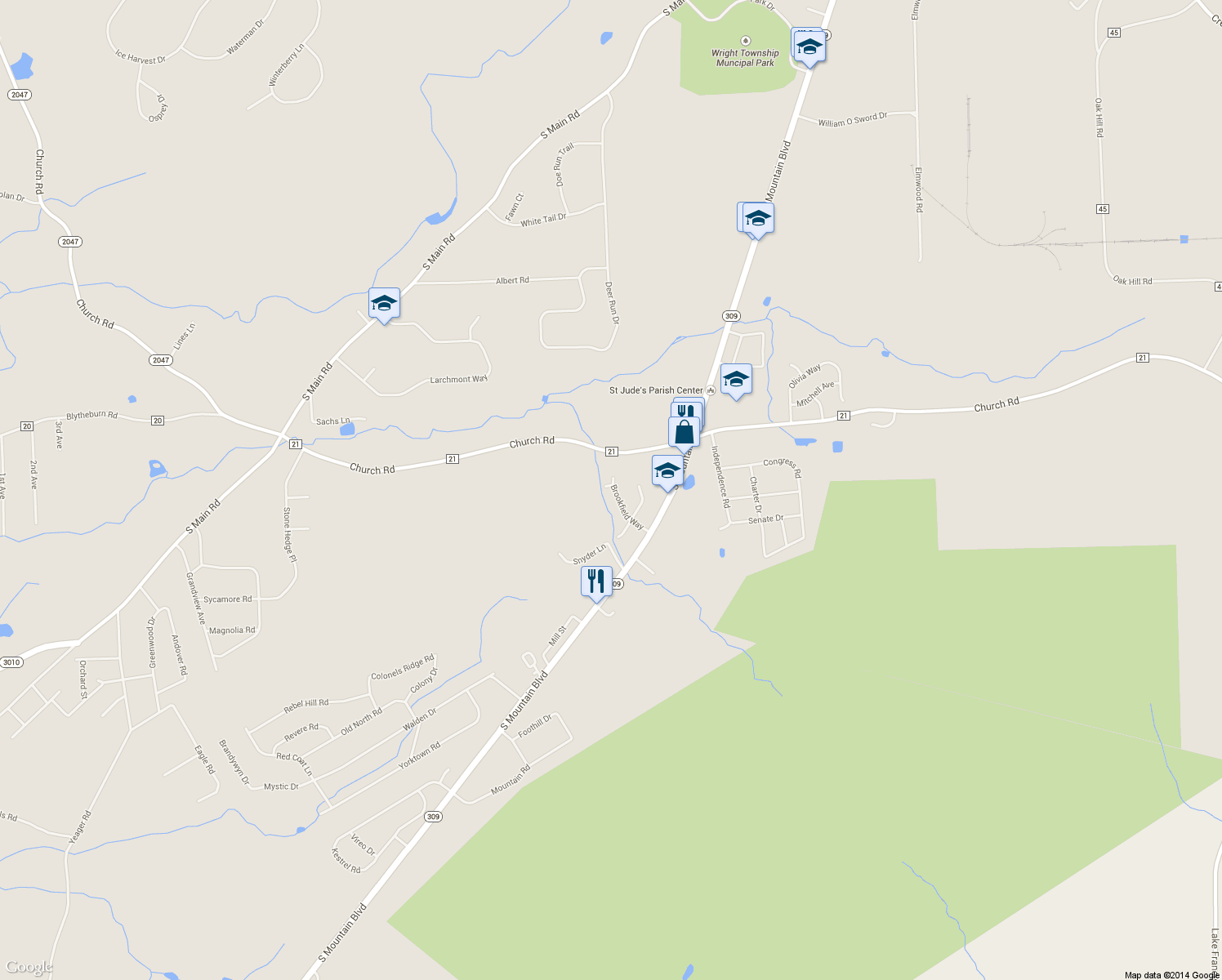 map of restaurants, bars, coffee shops, grocery stores, and more near 120 Brookfield Way in Mountain Top