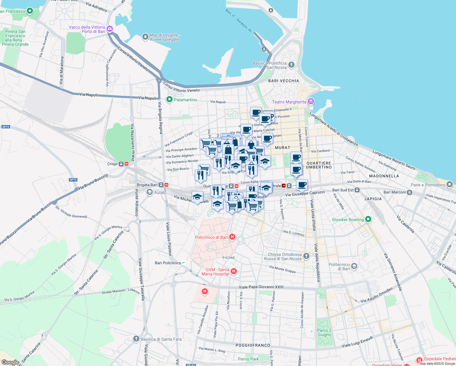 map of restaurants, bars, coffee shops, grocery stores, and more near 53 Corso Italia in Bari