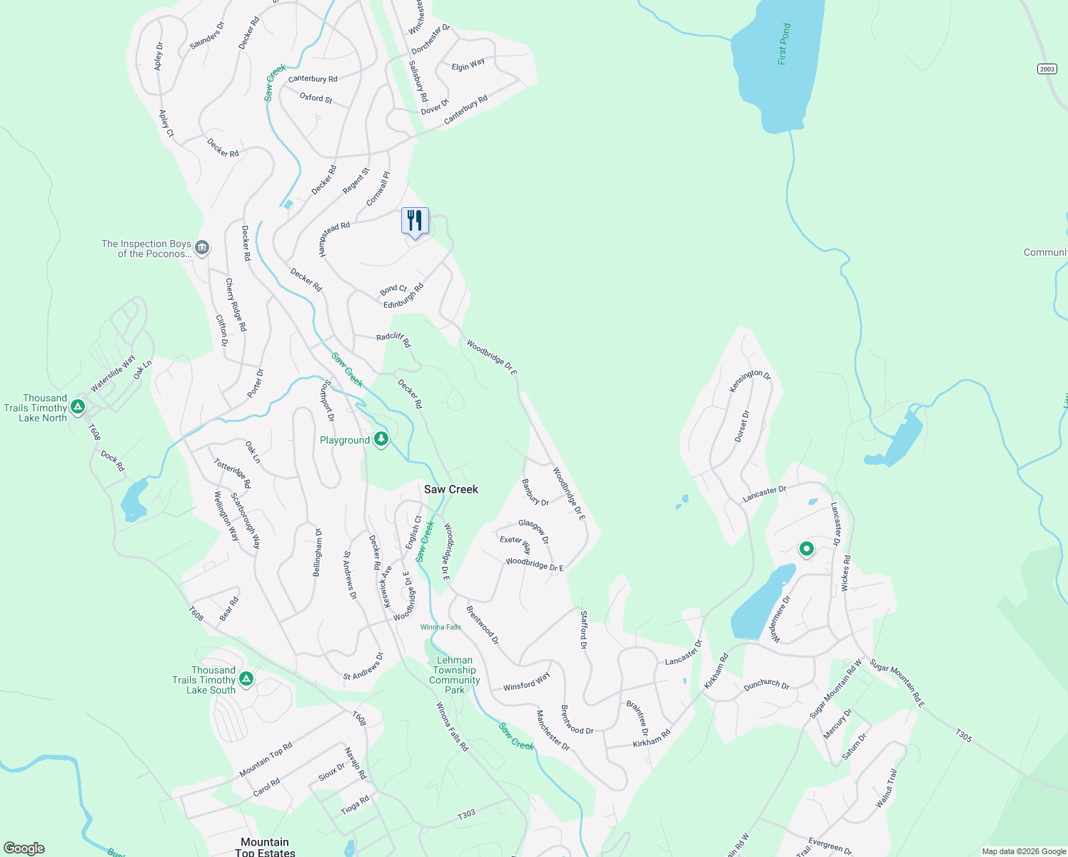 map of restaurants, bars, coffee shops, grocery stores, and more near Woodbridge Drive East in Pike County
